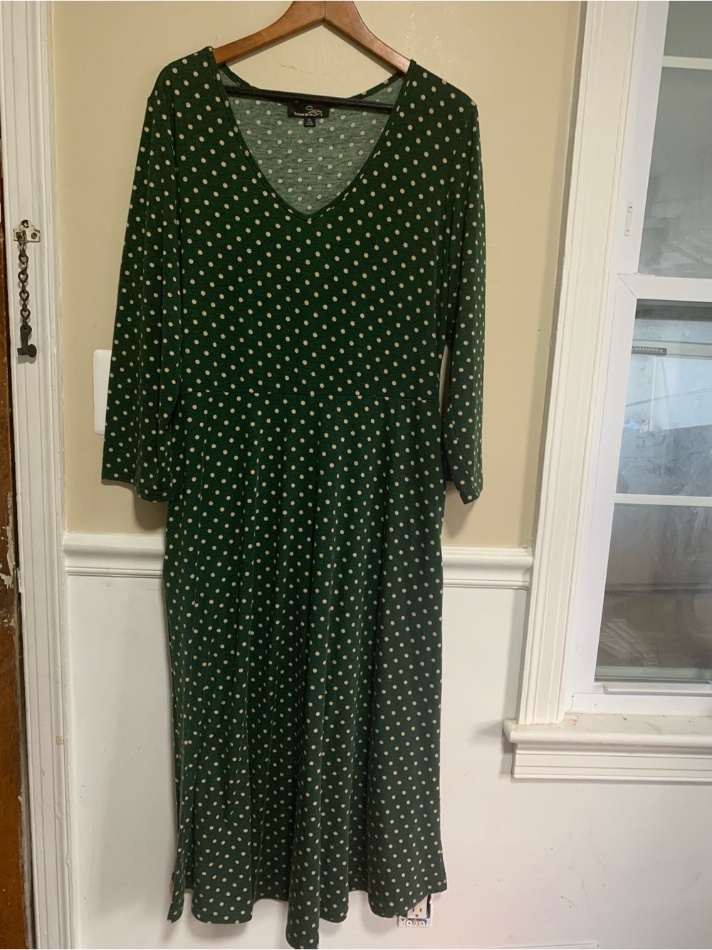 Suzanne Betro XL Green Polka Dot Maxi Dress Empire Waist Stretch Knit V-neck